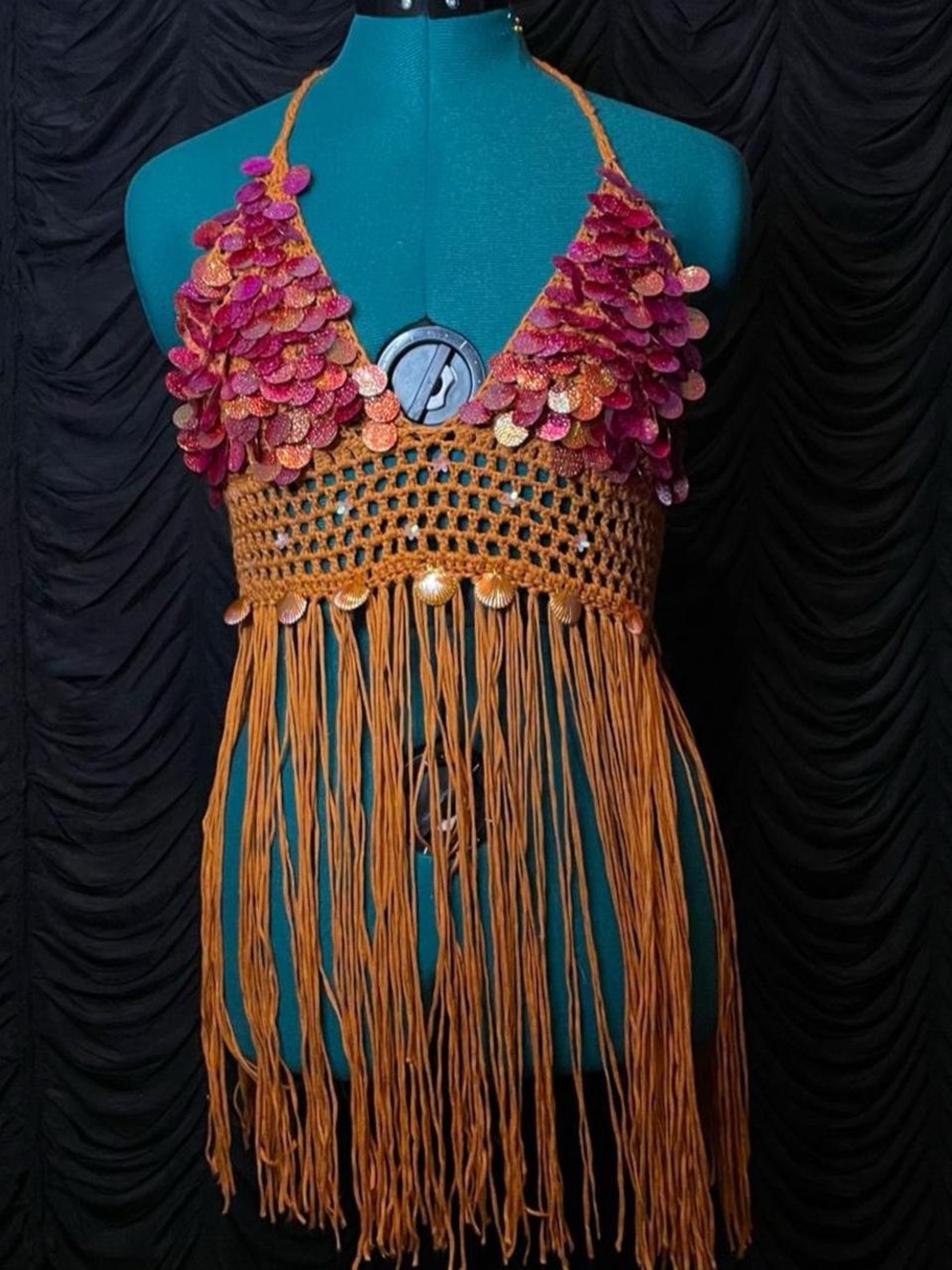 Orange sequin embellished crochet fringe halter festival top